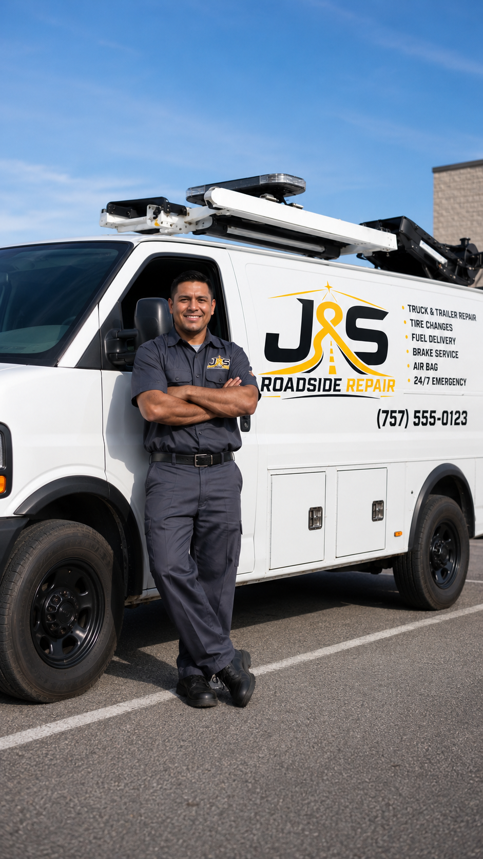White J&S service van parked roadside at night, with a mechanic in gray uniform inspecting the engine under work lights